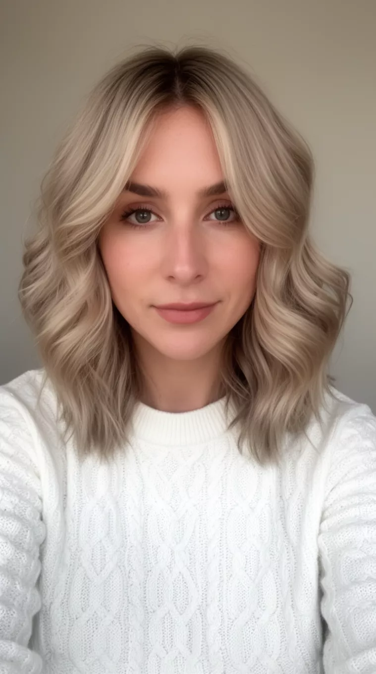 selfie of a 28-year-old woman wearing a white cable-knit shirt with a soft ash blonde waves colored shoulder-length blonde hairstyle, front view, minimal background.