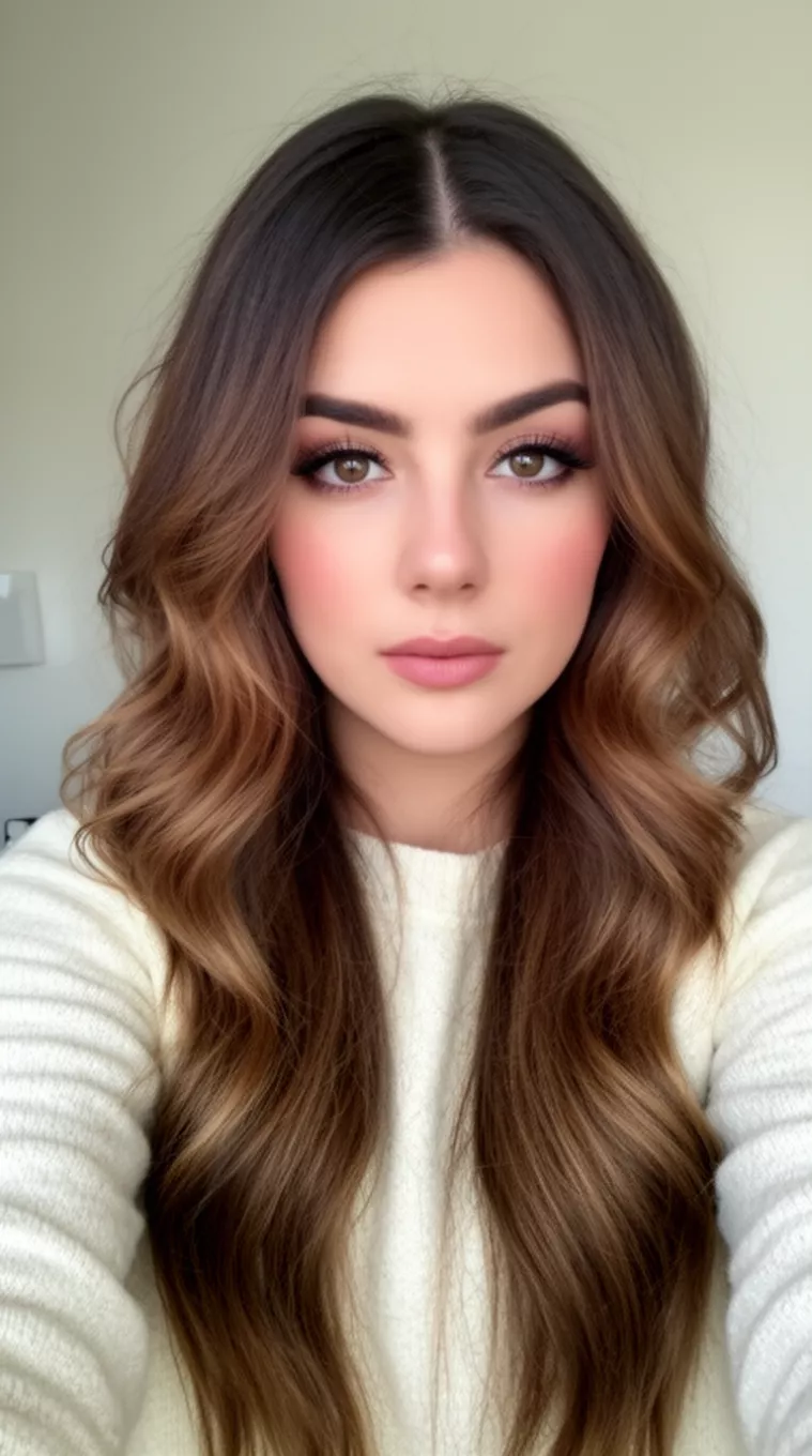 selfie of a 27-year-old woman wearing a light colored sweater with a high contrast face frames colored long, wavy brown hairstyle, front view, minimal background.