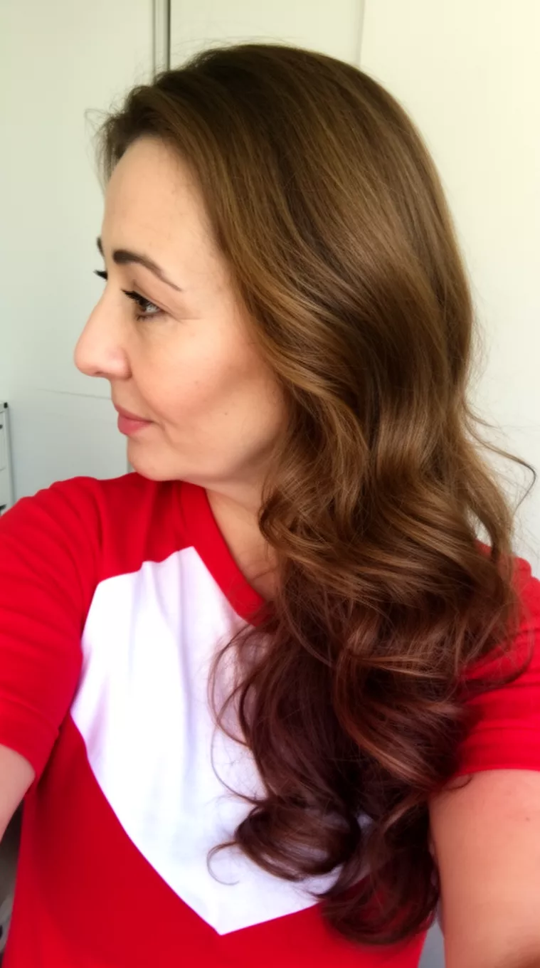 selfie of a 44-year-old woman wearing a red and white shirt with a classic brown with shape colored long, wavy brown hairstyle, side view, minimal background.