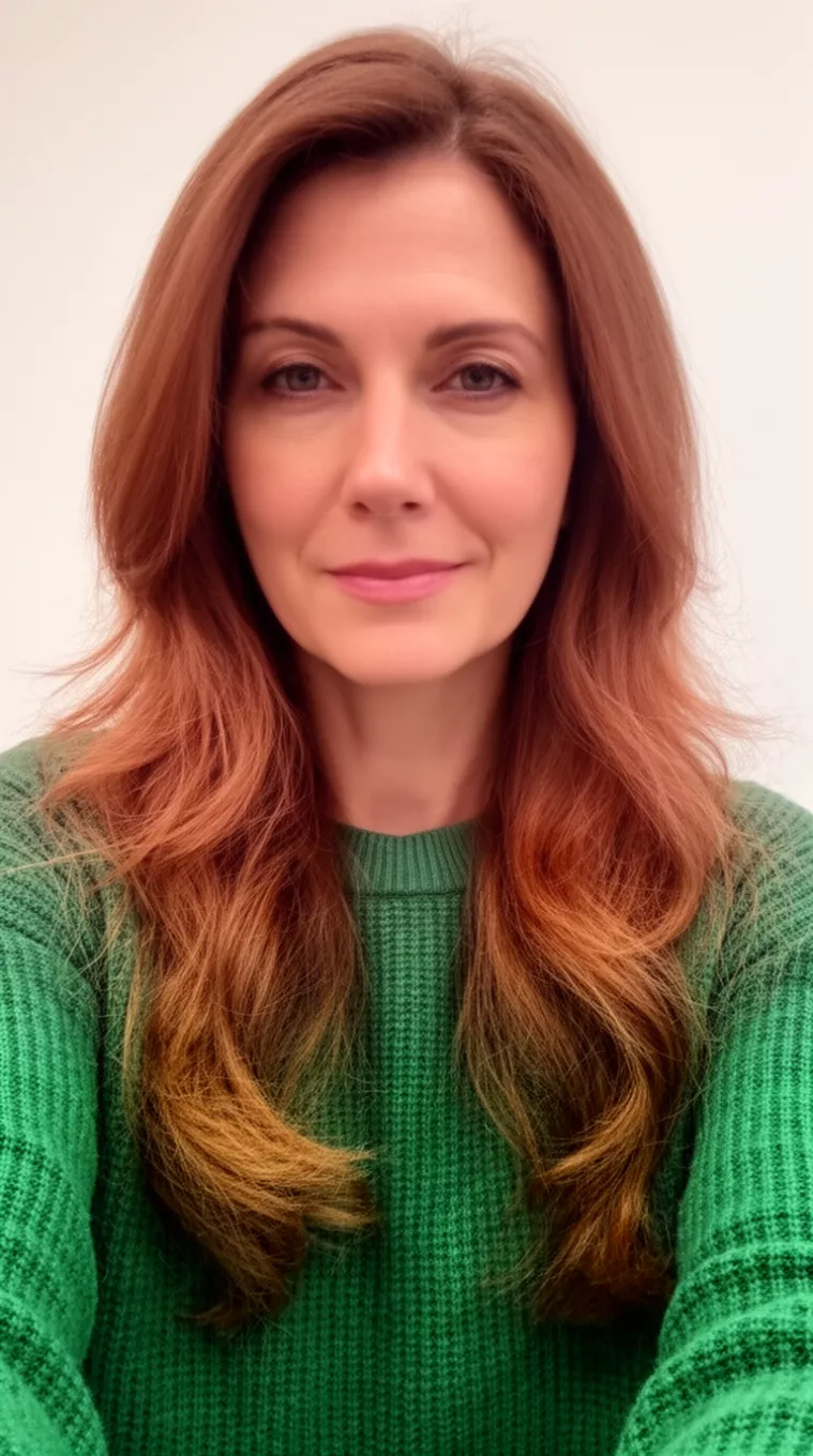 selfie of a 35-year-old woman wearing a green sweater with a warm brown face framing layers colored long, warm brown hairstyle, front view, minimal background.