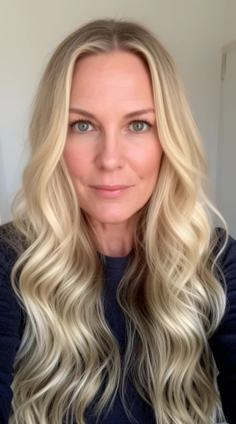 selfie of a 38-year-old woman wearing a dark top with a deep rooted butter blonde colored long, wavy hairstyle, front view, minimal background.