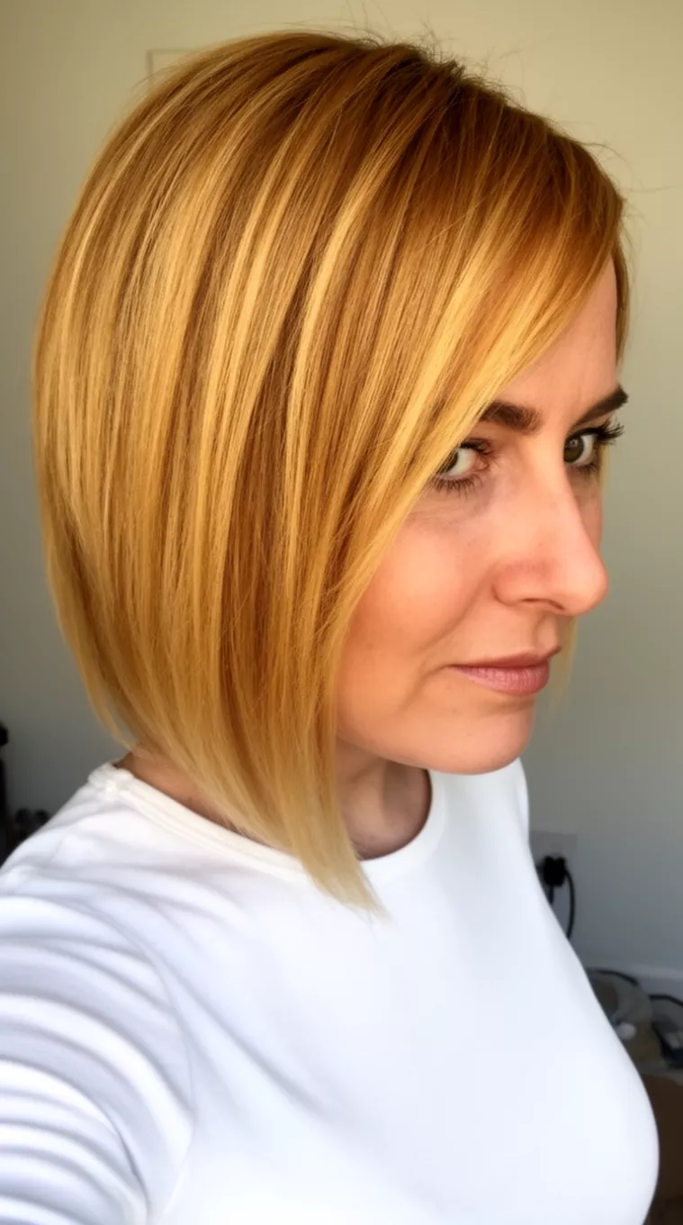 selfie of a 39-year-old woman wearing a white top with a honey blonde angled bob colored honey-blonde angled bob hairstyle, side view, minimal background.