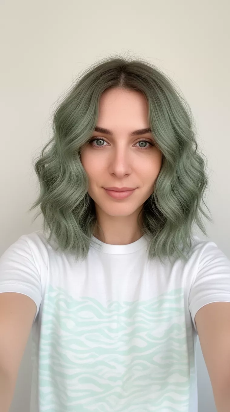 selfie of a 28-year-old woman wearing a white t-shirt with a pale mint green waves colored medium-length, wavy hairstyle, front view, minimal background.