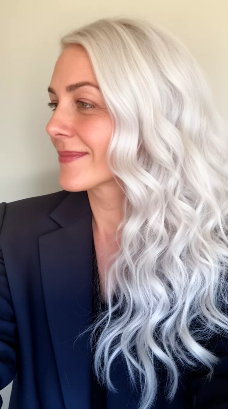 selfie of a 41-year-old woman wearing a dark blazer with a icy platinum side view colored long, bright platinum wavy hairstyle, side view, minimal background.