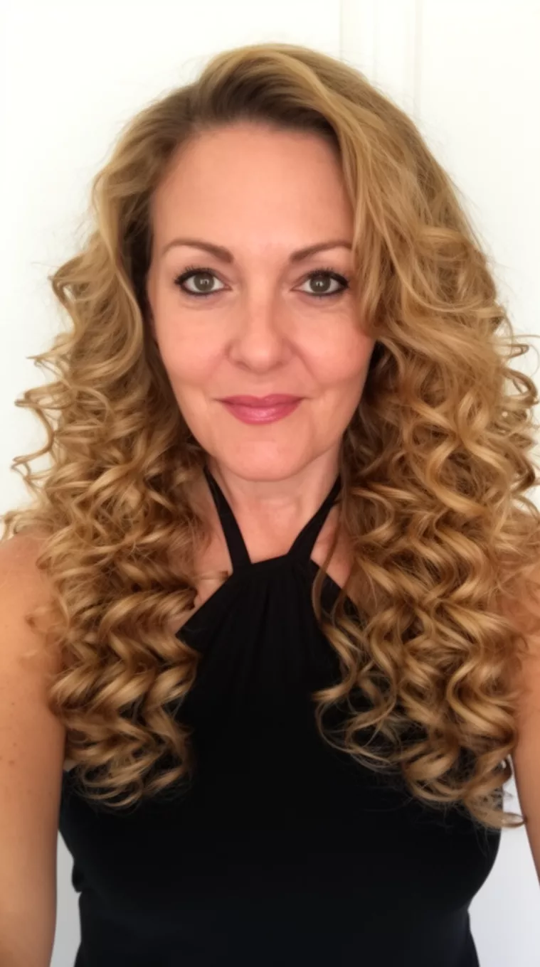 selfie of a 41-year-old woman wearing a black halter top with a voluminous honey curls colored long, voluminous curled hairstyle, front view, minimal background.