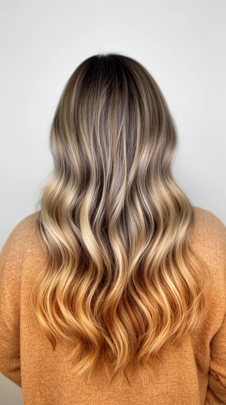 casual photo of a 42-year-old woman wearing a tan sweater with a blended warm blonde balayage colored long, wavy hairstyle, back view, minimal background.