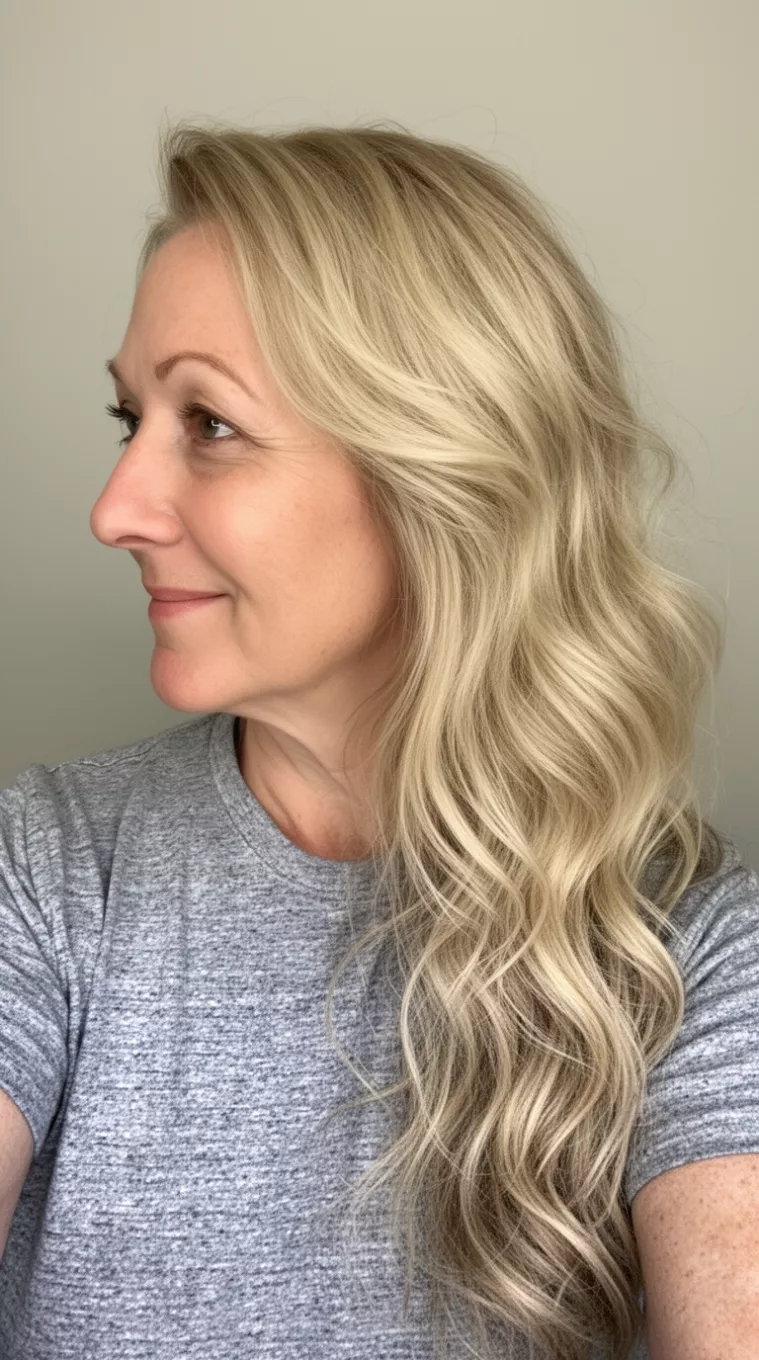 selfie of a 45-year-old woman wearing a gray shirt with a beige blonde texture colored long, wavy hairstyle, side profile, minimal background.