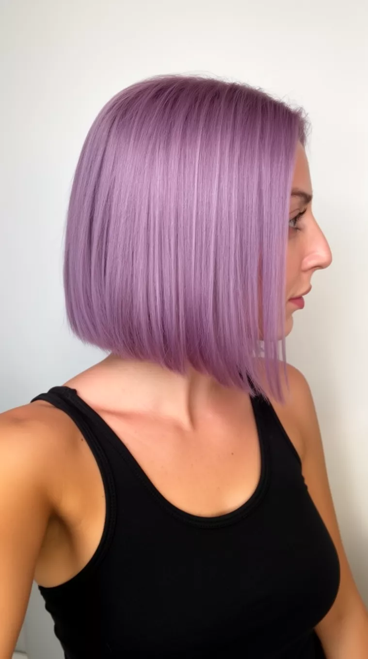 selfie of a 31-year-old woman wearing a black tank top with a dusty lavender straight lob colored short, straight hairstyle, side view, minimal background.