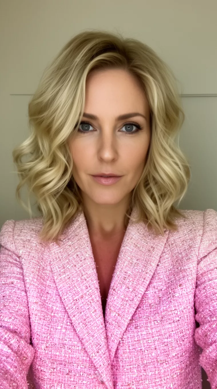 selfie of a 36-year-old woman wearing a pink tweed jacket with a textured champagne medium cut colored medium-length, blonde wavy hairstyle, front view, minimal background.