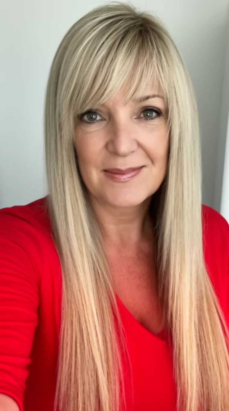 Swooping Side Bangs With Heavy Highlights selfie of a 40-year-old woman wearing a red top with a heavily highlighted blonde colored long straight hairstyle with side bangs, front view, minimal background.