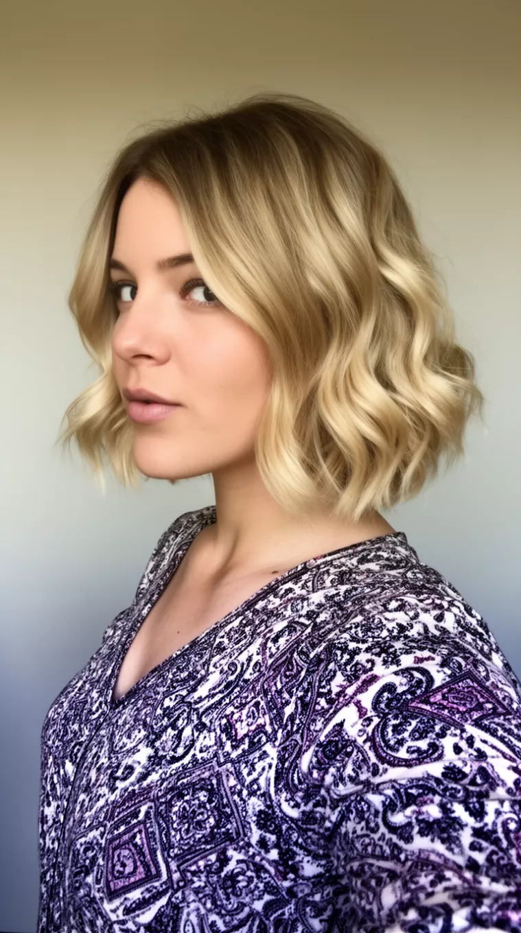 High Contrast Wavy Bob selfie of a 29-year-old woman wearing a patterned top with a blonde and light brown colored chin-length wavy bob hairstyle, side view, minimal background.