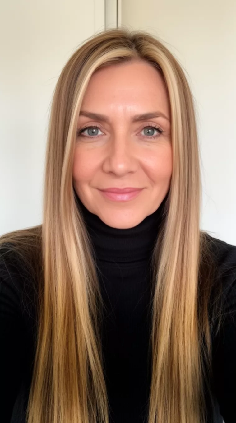 Caramel Highlights With Middle Part selfie of a 47-year-old woman wearing a black turtleneck with a caramel blonde highlighted colored long straight hairstyle, front view, minimal background.