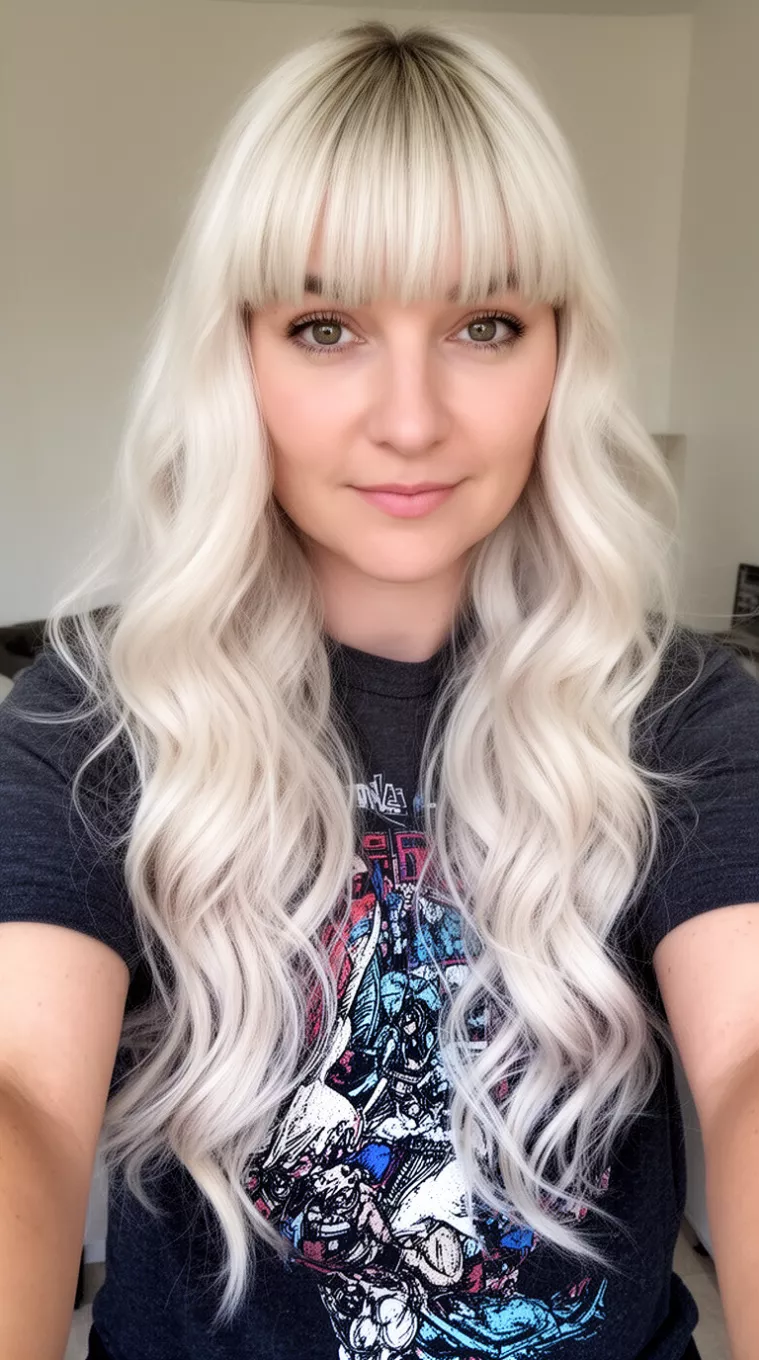 Platinum Blonde With Full Fringe selfie of a 31-year-old woman wearing a dark graphic t-shirt with a platinum blonde colored long wavy hairstyle with full bangs, front view, minimal background.