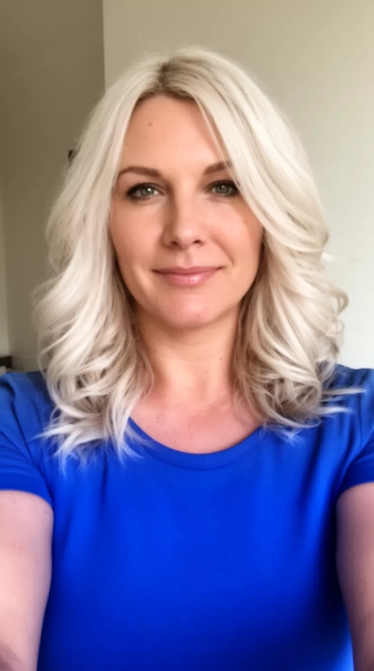 Bright Platinum Soft Waves selfie of a 34-year-old woman wearing a blue top with a platinum blonde colored medium-length wavy hairstyle, front view, minimal background.