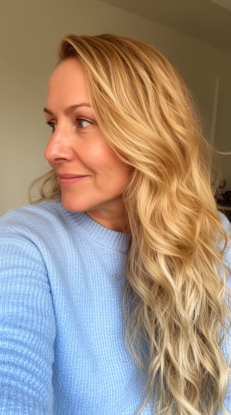 California Dream Sun Drenched Waves selfie of a 45-year-old woman wearing a light blue sweater with a sun-kissed blonde colored very long wavy hairstyle, side view, minimal background.