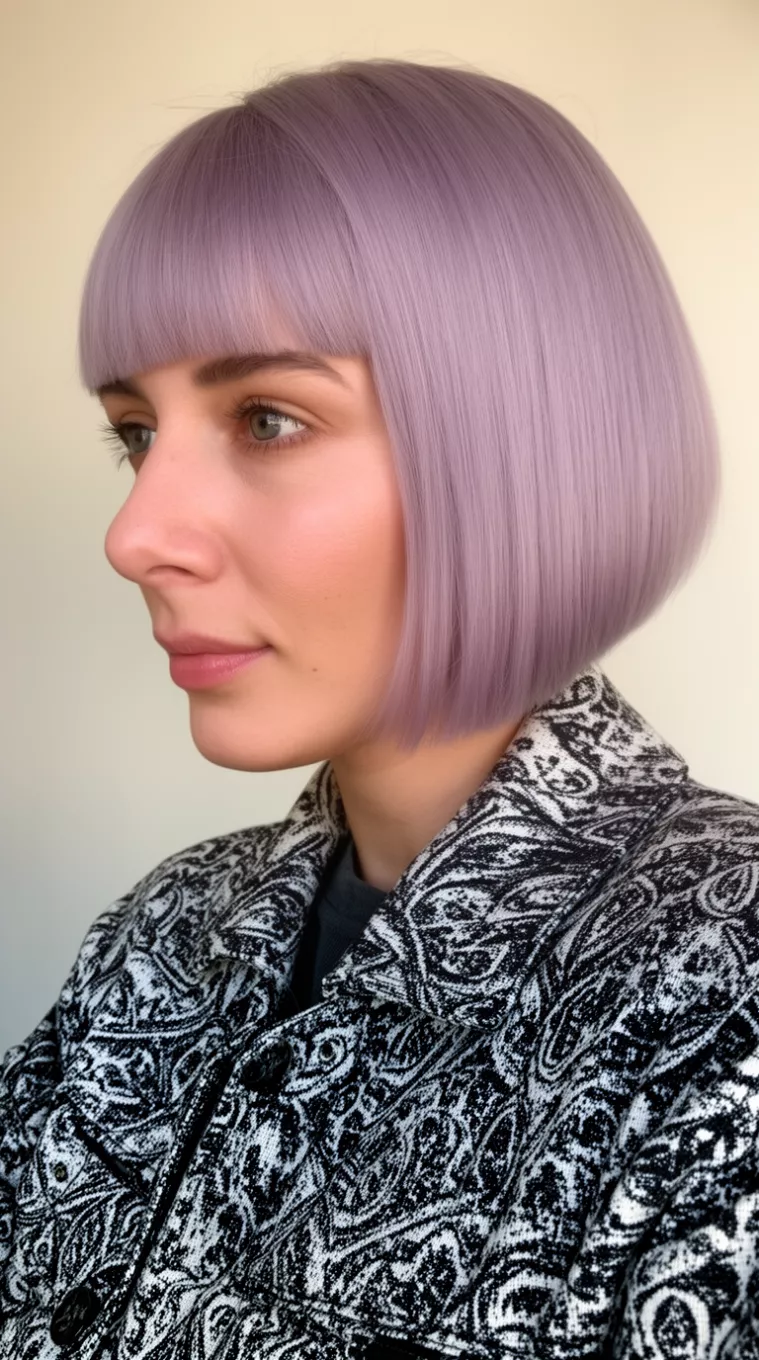 Ash Lavender Inverted Bob selfie of a 32-year-old woman wearing a patterned jacket with an ash-lavender colored sleek straight inverted bob hairstyle, side view, minimal background.
