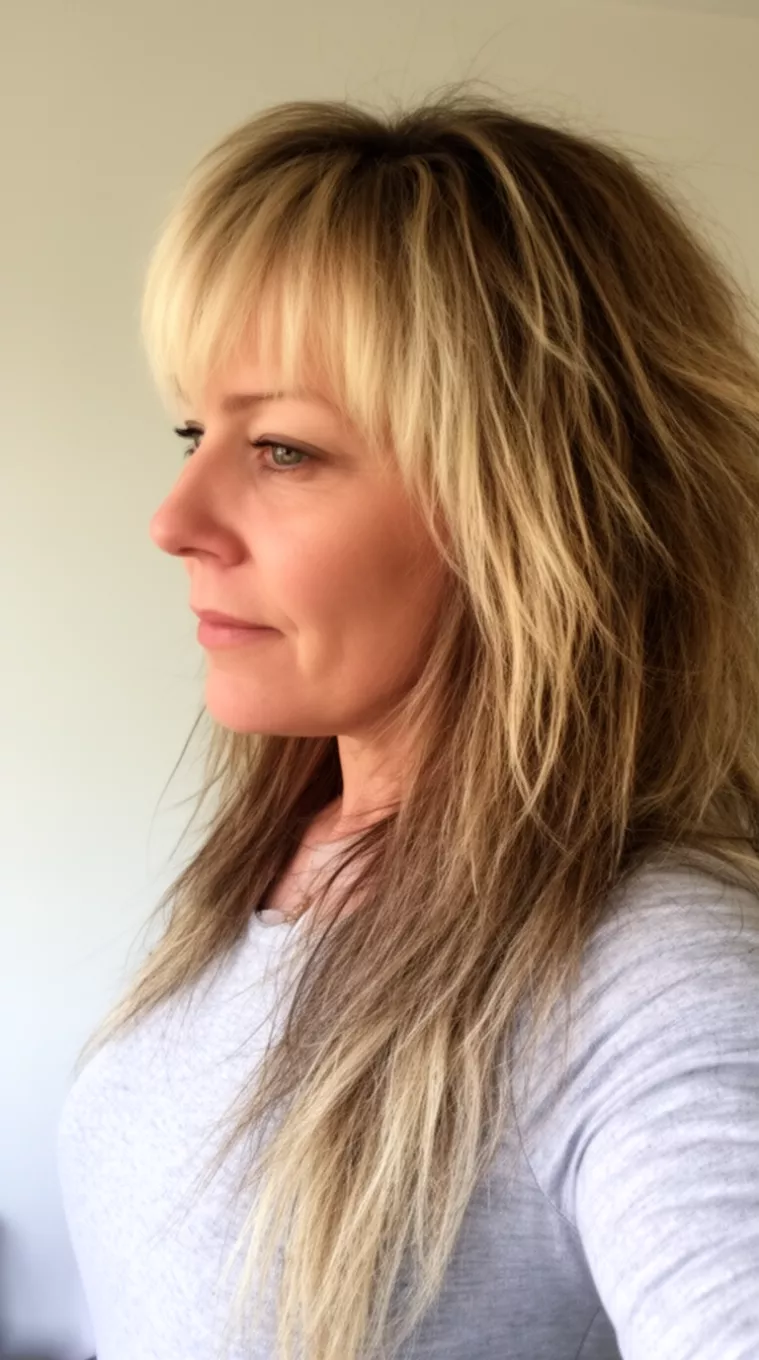 Shaggy Layers With Warm Brown Mix selfie of a 42-year-old woman wearing a light grey top with a mixed blonde and brown colored long shaggy hairstyle, side view, minimal background.