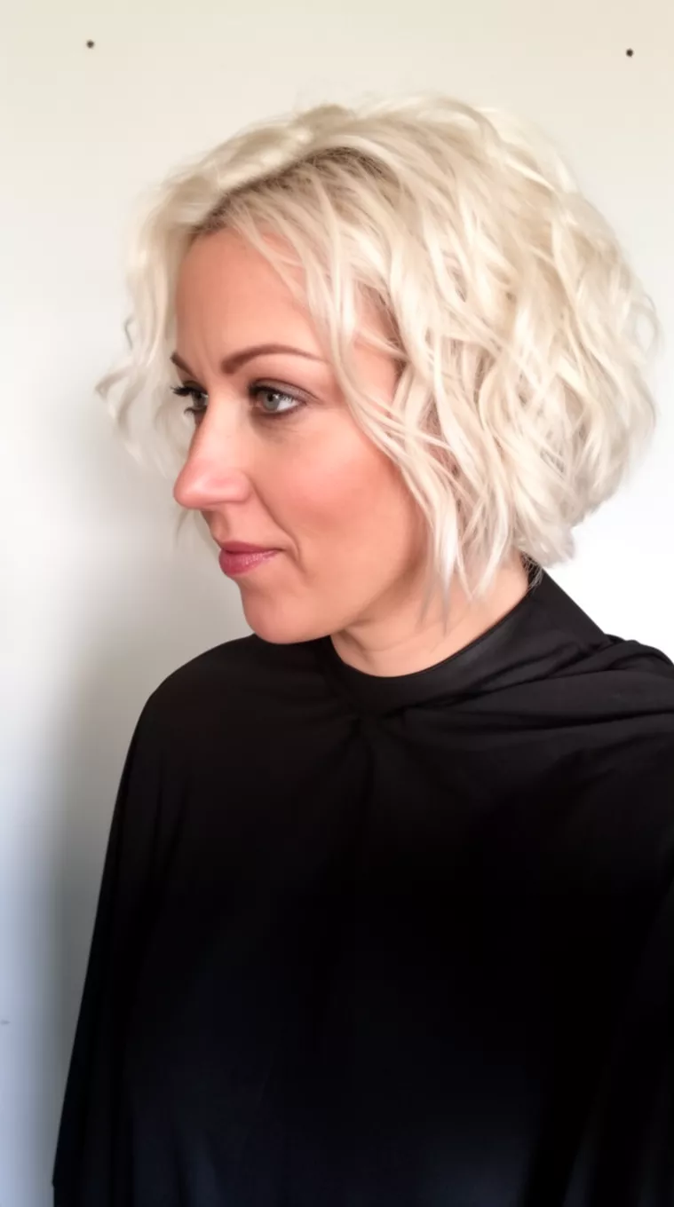 Messy Platinum Textured Bob selfie of a 37-year-old woman wearing a black cape with a platinum blonde colored short wavy bob hairstyle, side view, minimal background.