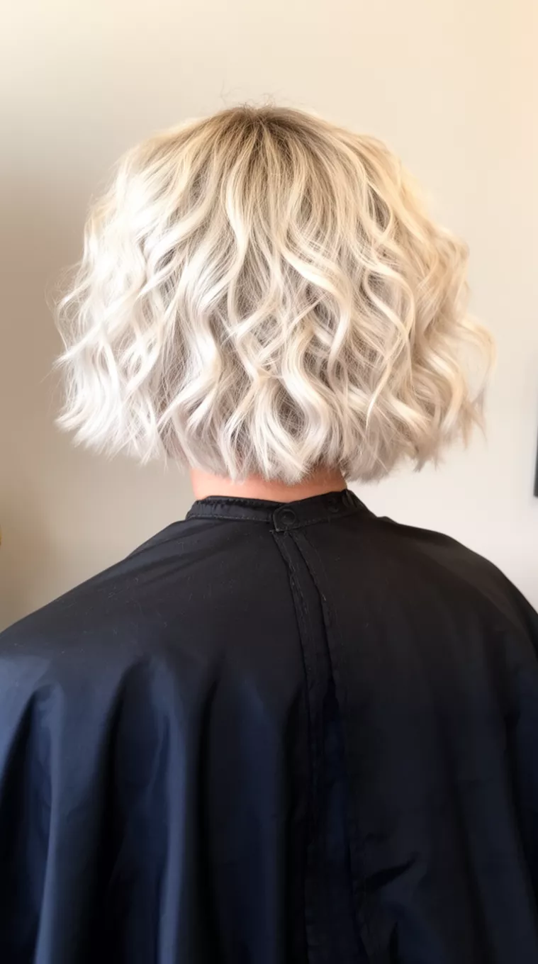 Textured Platinum Messy Bob casual photo of a 30-year-old woman wearing a salon cape with a platinum blonde colored short wavy bob hairstyle, back view, minimal background.
