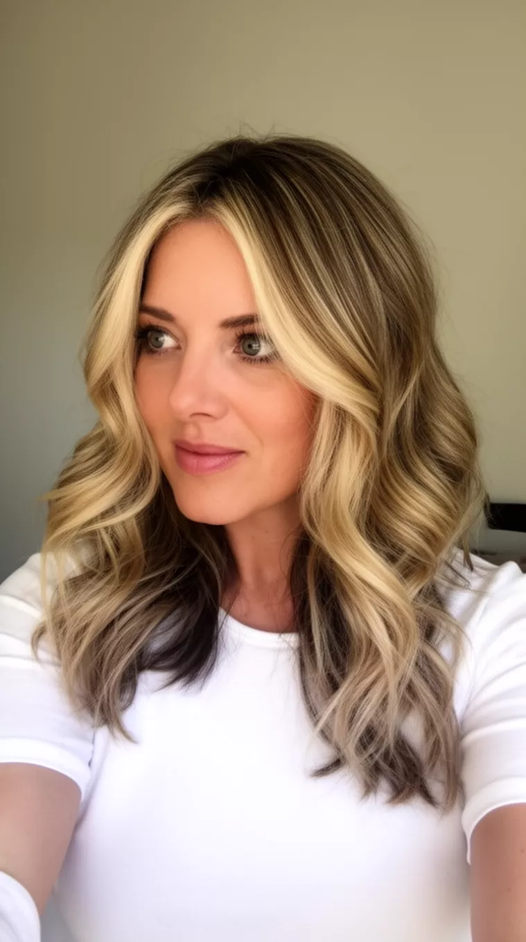 Dramatic Face Framing Highlights selfie of a 39-year-old woman wearing a white top with a blonde face-framing highlighted colored medium-long wavy hairstyle, side view, minimal background.