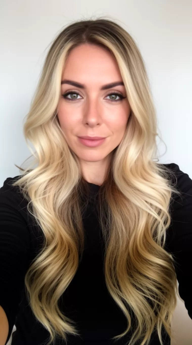Dark Root Blend To Bright Ends selfie of a 33-year-old woman wearing a black top with a blonde ombre colored long wavy hairstyle, front view, minimal background.