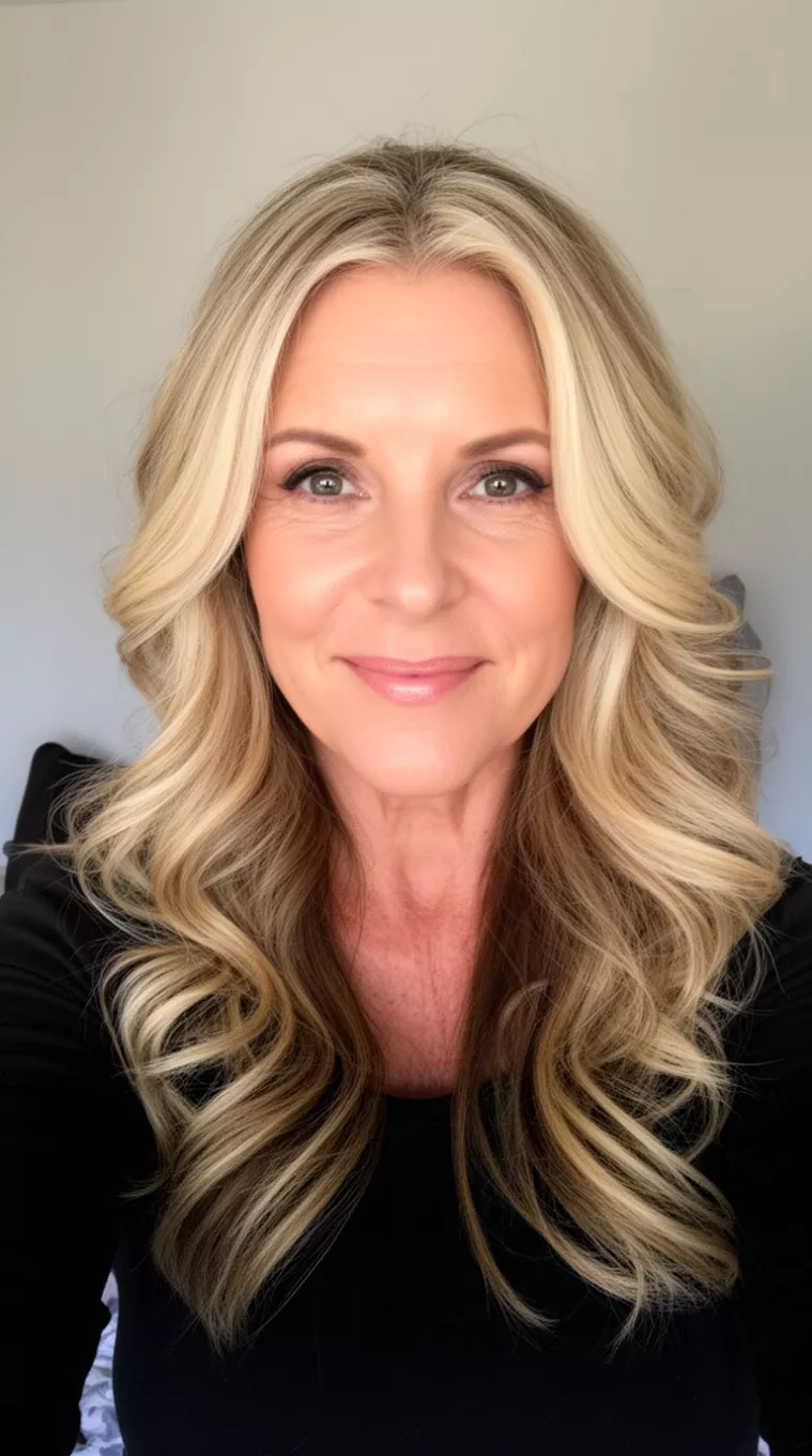 Money Piece With Voluminous Waves selfie of a 46-year-old woman wearing a black top with a blonde face-framing highlighted colored long wavy hairstyle, front view, minimal background.