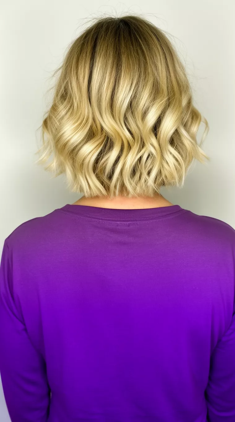 Classic Blonde Ombre Transitions casual photo of a 41-year-old woman wearing a purple top with a blonde ombre colored short wavy bob hairstyle, back view, minimal background.