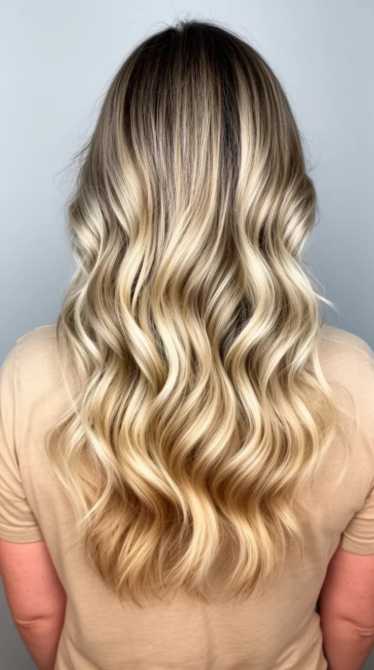 Heavily Highlighted Dimensional Blonde casual photo of a 38-year-old woman wearing a beige top with a heavily highlighted blonde colored long wavy hairstyle, back view, minimal background.