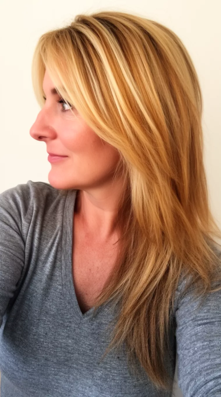 Warm Caramel And Layered Blonde selfie of a 49-year-old woman wearing a grey v-neck top with a warm blonde and caramel colored long layered hairstyle, side view, minimal background.