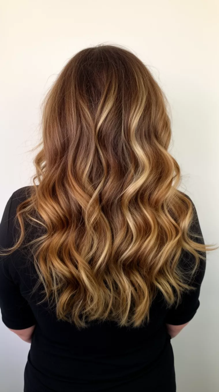 Brown And Bright Blonde Fusion casual photo of a 43-year-old woman wearing a black top with a brown and blonde highlighted colored long wavy hairstyle, back view, minimal background.