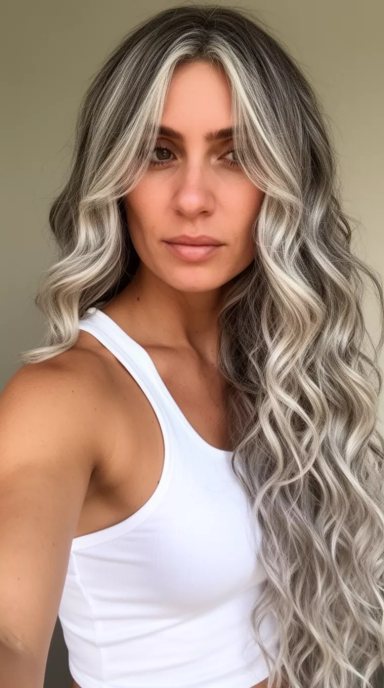 High Volume Platinum Highlights selfie of a 33-year-old woman wearing a white tank top with a platinum highlighted colored very long wavy hairstyle, side view, minimal background.