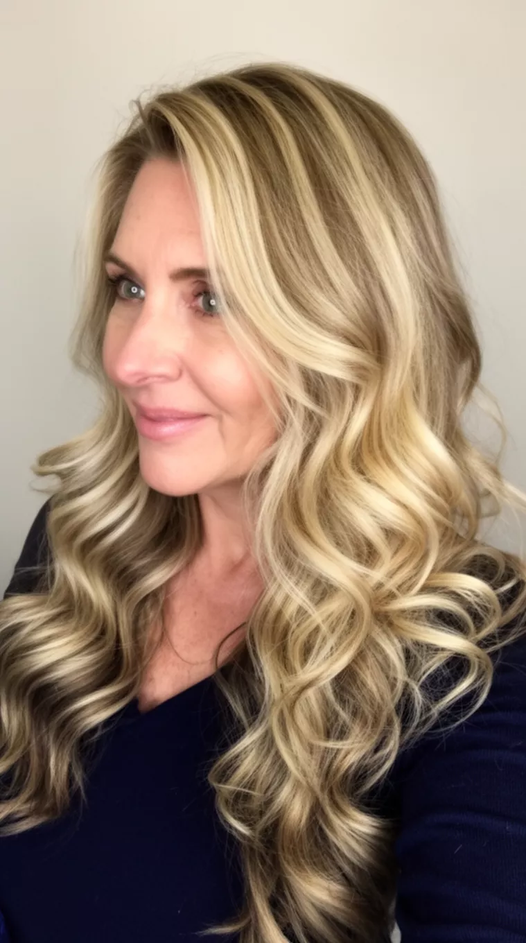 selfie of a 48-year-old woman wearing a dark top with a bold blonde highlighted colored long wavy hairstyle, side view, minimal background.