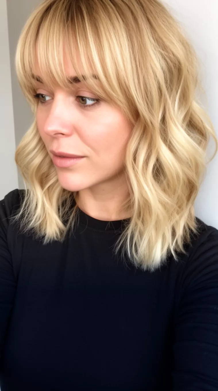 Honey Blonde Half Up Waves With Bangs selfie of a 34-year-old woman wearing a black top with a Honey Blonde colored mid-length wavy hairstyle with bangs, side view, minimal background.