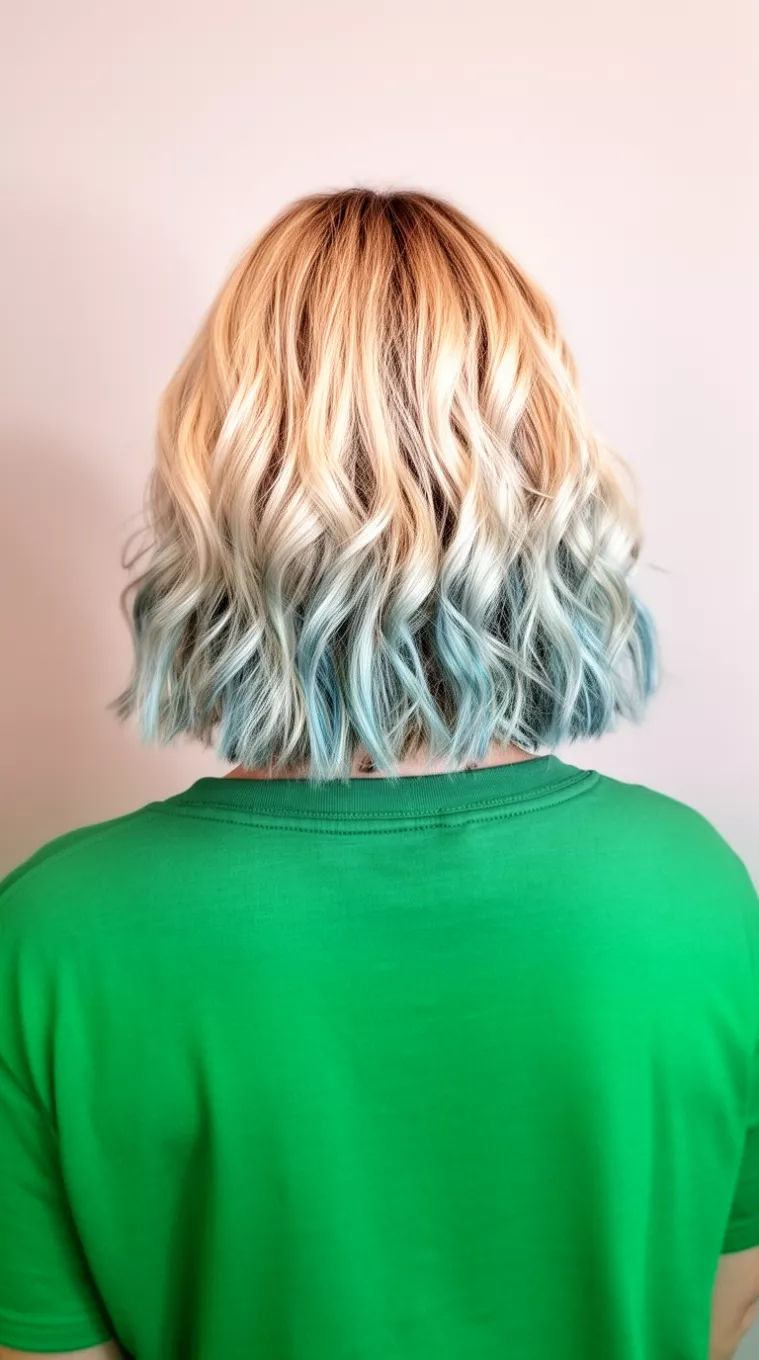 Aqua Tinted Blonde Bob casual photo of a 35-year-old woman wearing a green top with a blonde and aqua highlighted colored chin-length wavy bob hairstyle, back view, minimal background.
