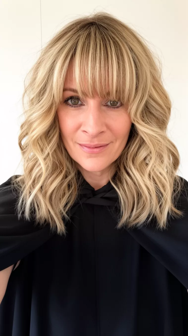Chunky Highlights With Curtain Bangs selfie of a 38-year-old woman wearing a black cape with a chunky blonde highlighted colored medium-length wavy hairstyle with curtain bangs, front view, minimal background.