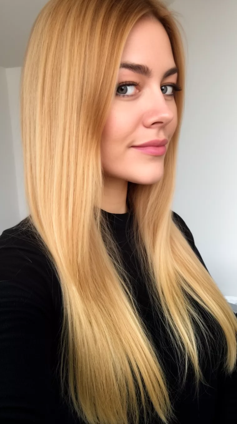 Side Parted Honey Gold selfie of a 30-year-old woman wearing a black top with a honey blonde colored long straight hairstyle, side view, minimal background.