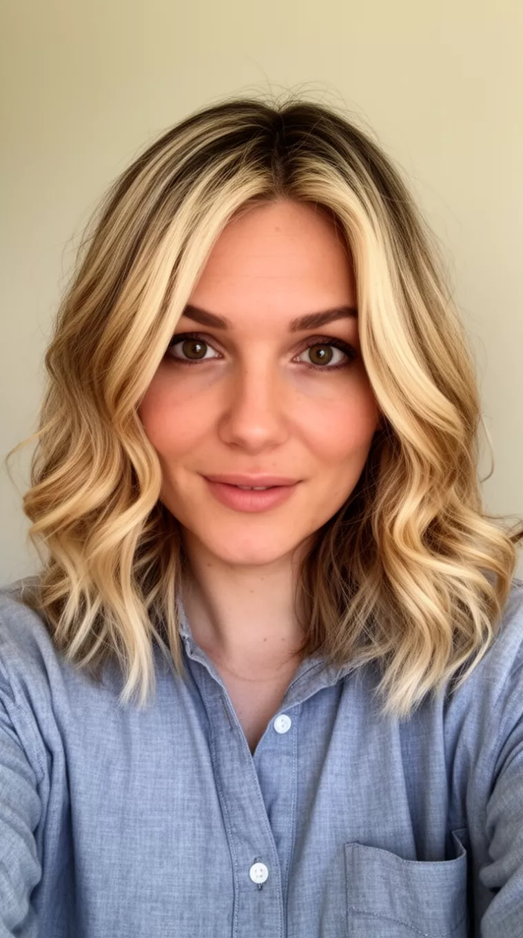 High Contrast Chunky Money Piece selfie of a 31-year-old woman wearing a casual shirt with a high contrast blonde highlighted colored medium-length wavy hairstyle, front view, minimal background.