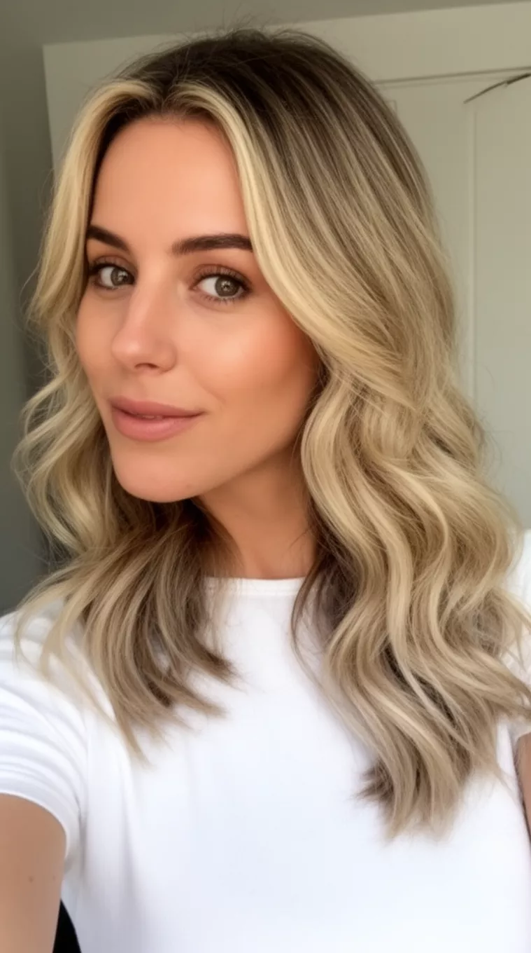Soft Balayage For Medium Lengths selfie of a 28-year-old woman wearing a white top with a soft blonde balayage colored medium-long slightly wavy hairstyle, side view, minimal background.