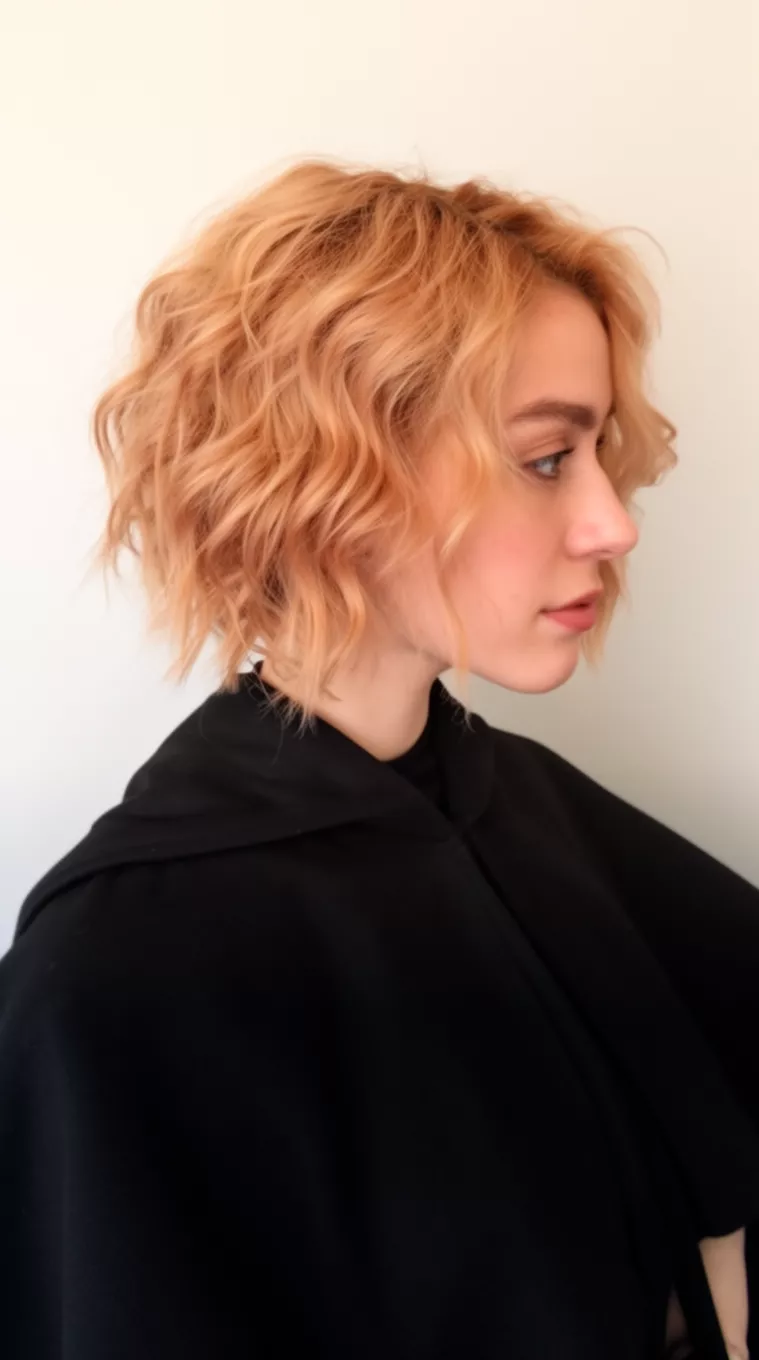 Copper Strawberry Blonde Mix selfie of a 27-year-old woman wearing a black cape with a strawberry blonde colored short wavy textured bob hairstyle, side view, minimal background.
