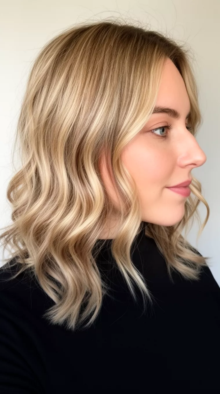 Sun Kissed Balayage With Face Framing Layers selfie of a 29-year-old woman wearing a black top with a blonde and light brown balayage colored medium-length wavy hairstyle, side view, minimal background.