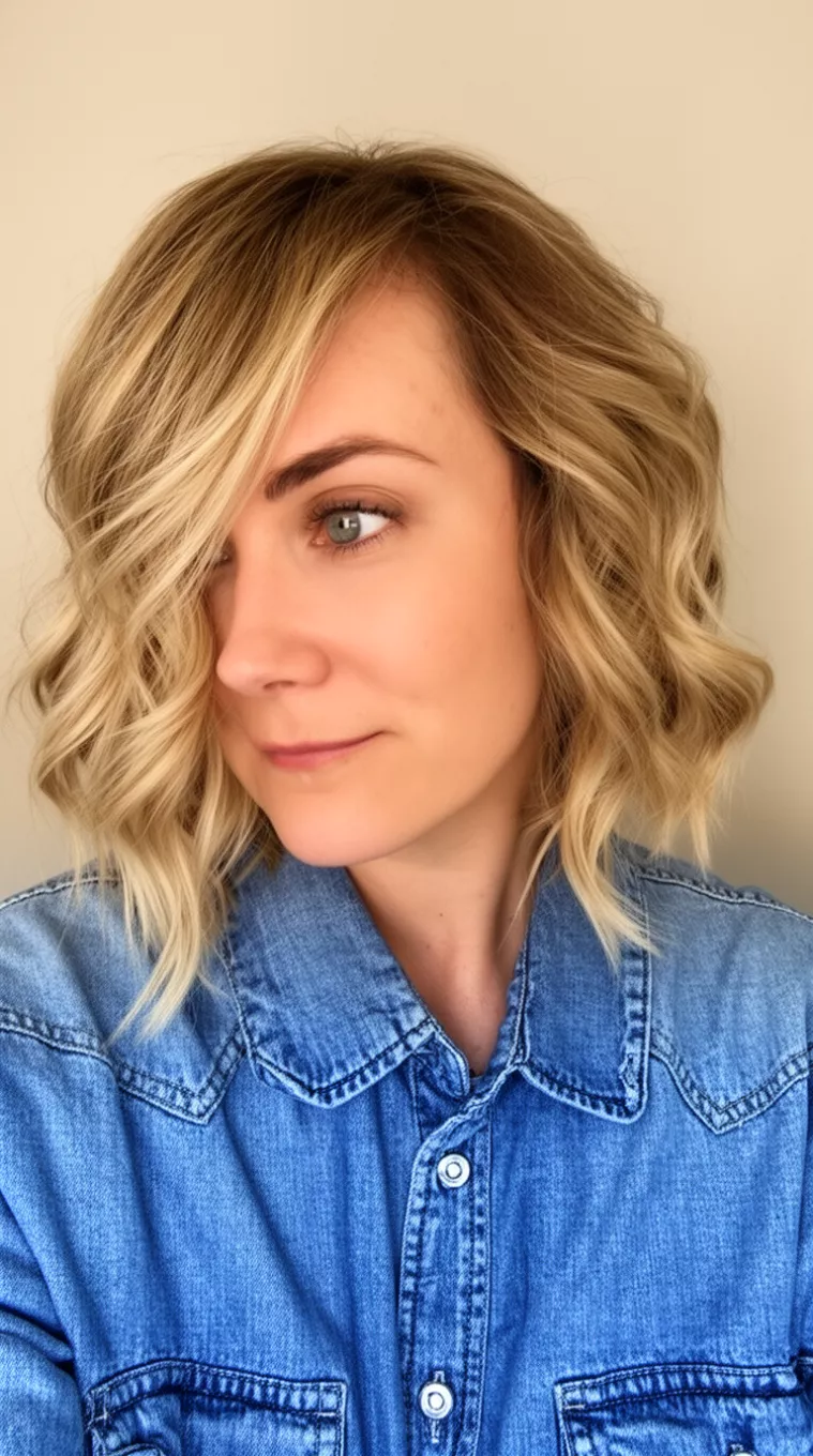 Chunky Highlights With Dark Roots selfie of a 36-year-old woman wearing a denim shirt with a chunky blonde highlighted colored chin-length wavy bob hairstyle, side view, minimal background.