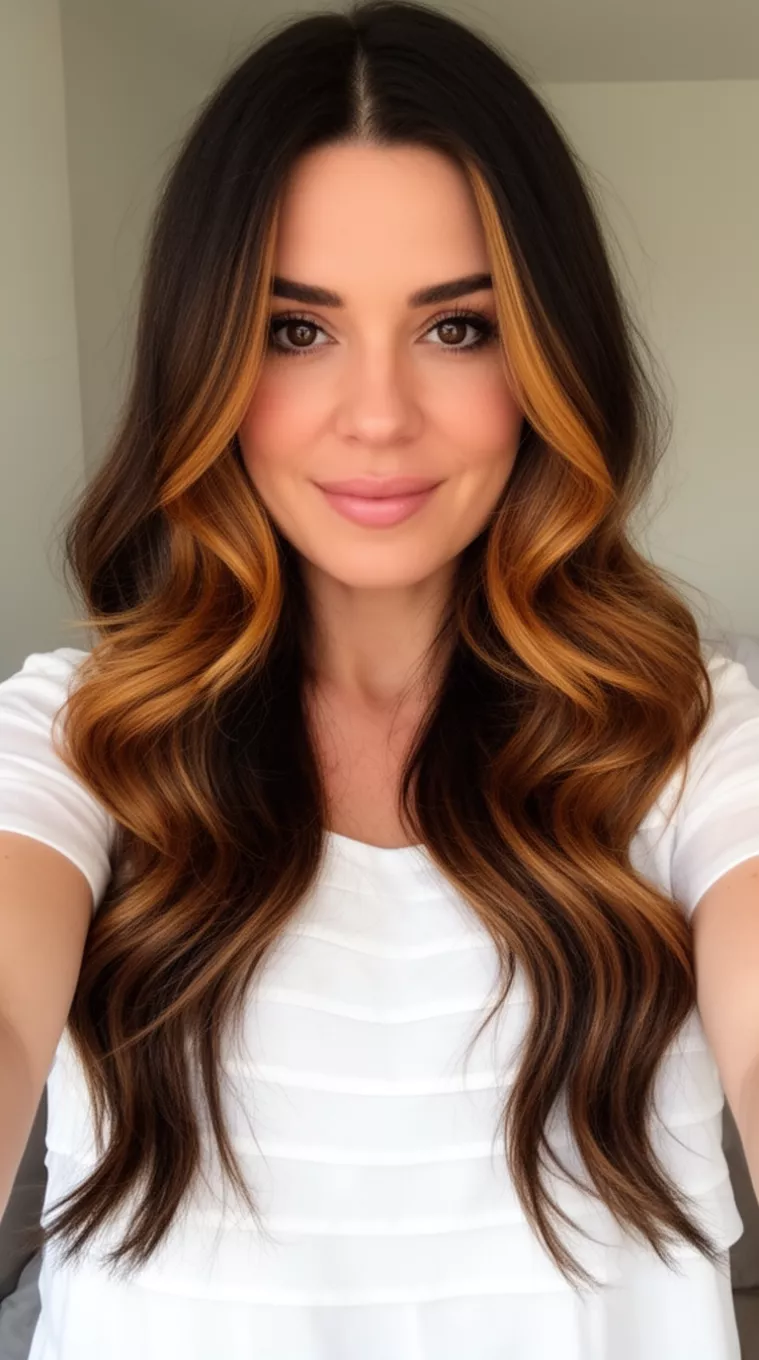 selfie of a 33-year-old woman wearing a white layered top with a Bright Amber Brunette colored long, wavy, dark brown hair featuring bright caramel highlights hairstyle, front view, minimal background.