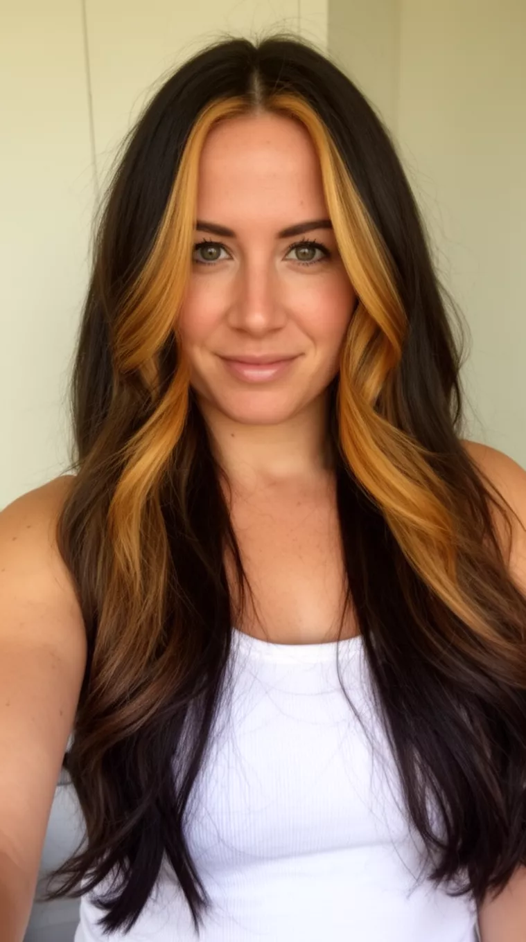 selfie of a 31-year-old woman wearing a white tank top with a Beachy Caramel Frame colored long, dark brown hair featuring bright caramel face-framing highlights hairstyle, front view, minimal background.