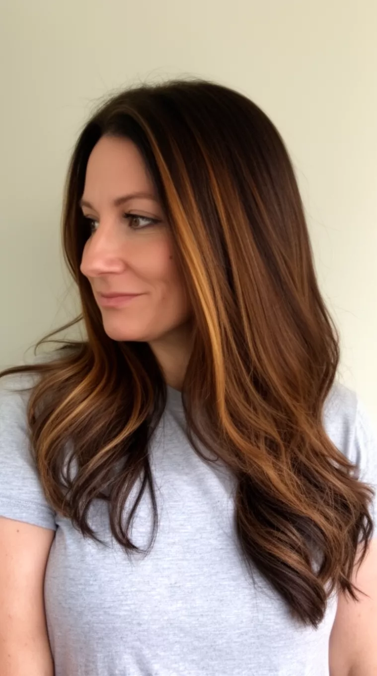 casual photo of a 35-year-old woman wearing a light grey t-shirt with a Iced Latte Brown colored long, dark brown hair featuring significant caramel highlights hairstyle, side view, minimal background.