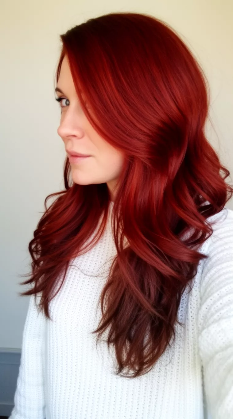 selfie of a 27-year-old woman wearing a white knit sweater with a Cinnamon Layered Warmth colored long, layered, rich red-brown hair hairstyle, side profile view, minimal background.