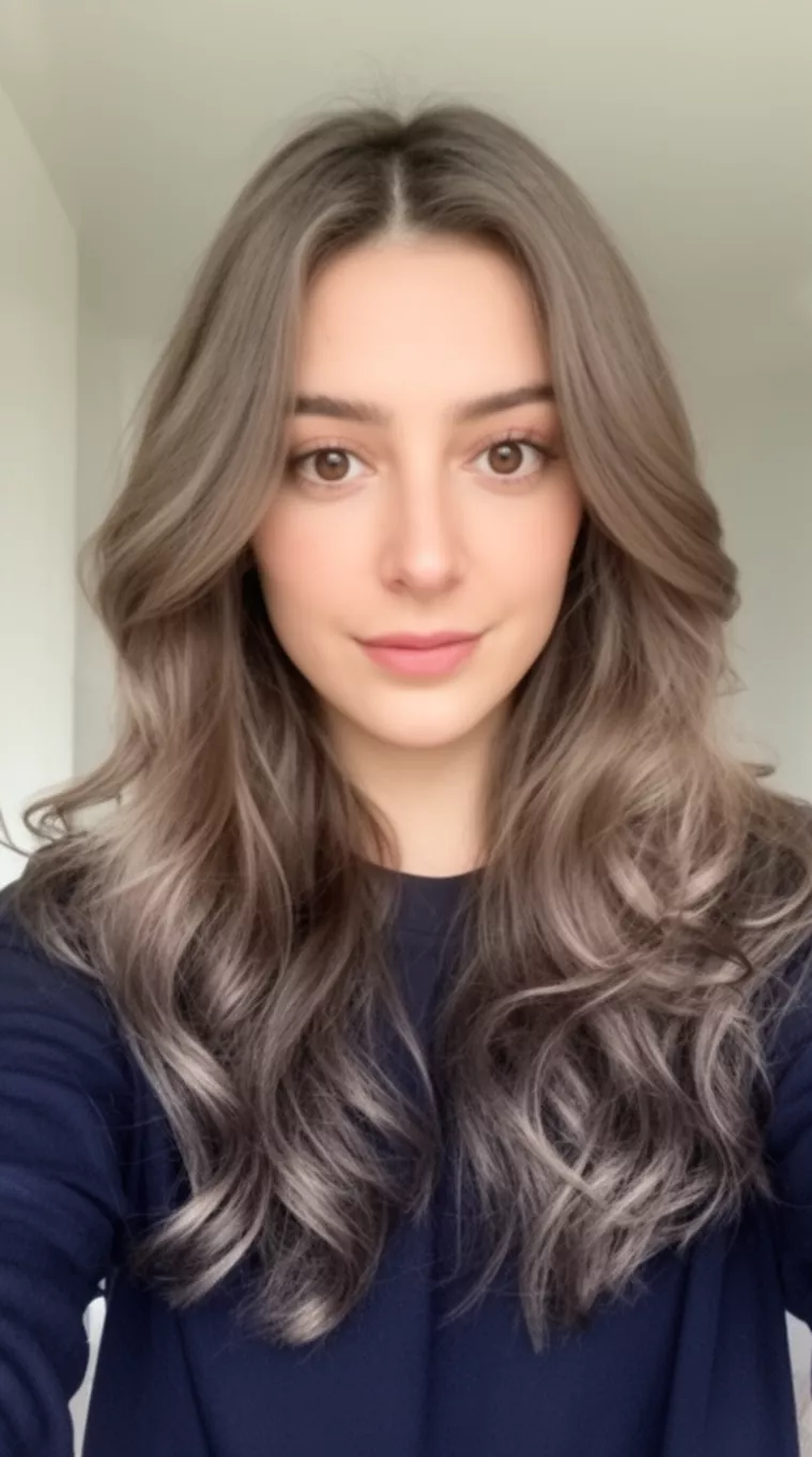 selfie of a 28-year-old woman wearing a simple dark outfit with a Muted Mushroom Brown colored long, wavy, ash-toned brown hair hairstyle, front view, minimal background.