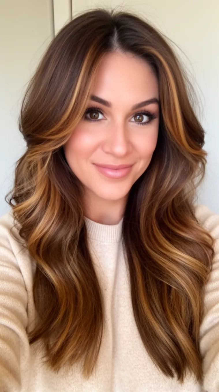 selfie of a 34-year-old woman wearing a light beige sweater with a Luminous Golden Cocoa colored long, voluminous brown hair, styled with face-framing layers and subtle highlights hairstyle, front view, minimal background.
