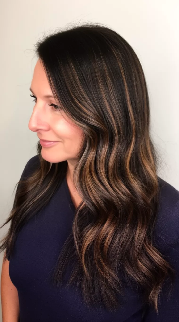 casual photo of a 45-year-old woman wearing a dark top with a Dark Balayage Reflection colored long, dark, glossy brown hair with subtle lighter brown waves hairstyle, side view, minimal background.