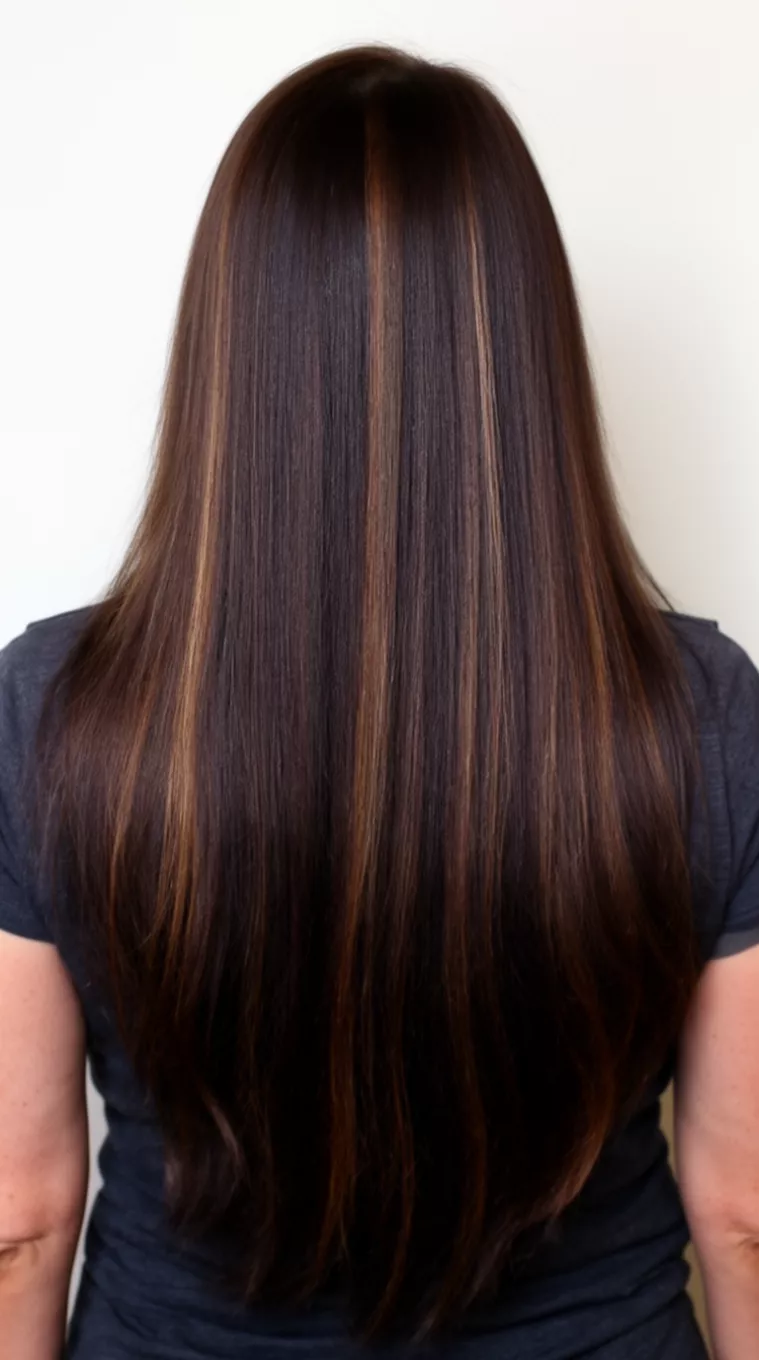 casual photo of a 48-year-old woman wearing a dark top with a Glossy Brunette Silk colored very long, dark brown hair with subtle lighter brown streaks hairstyle, back view, minimal background.