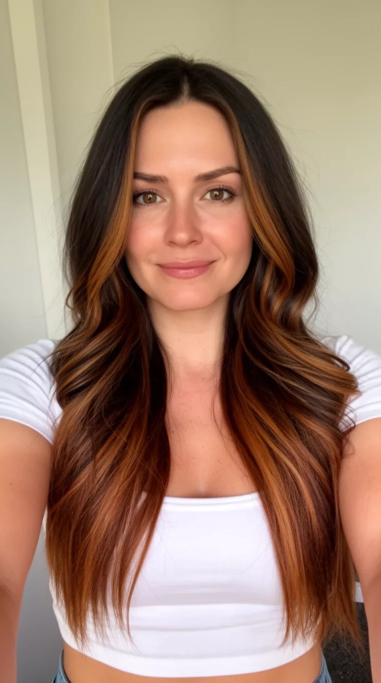 selfie of a 33-year-old woman wearing a white cropped top with a Sun Kissed Toffee Ripples colored very long, dark brown hair with warm caramel highlights hairstyle, front view, minimal background.